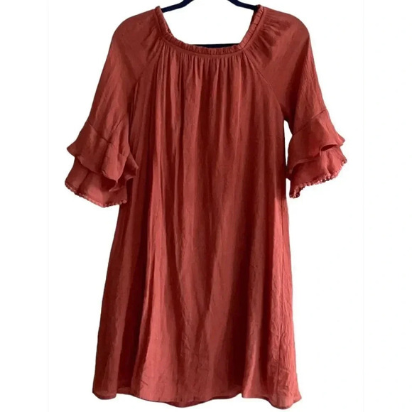 Anthropologie Naïf bell sleeved light rust/coral dress Lt weight, lined. Size PM - Picture 1 of 11